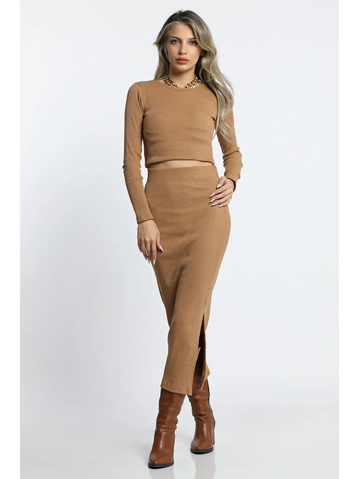 Yırtmaç Detaylı Kaşkorse Body - Krem 36